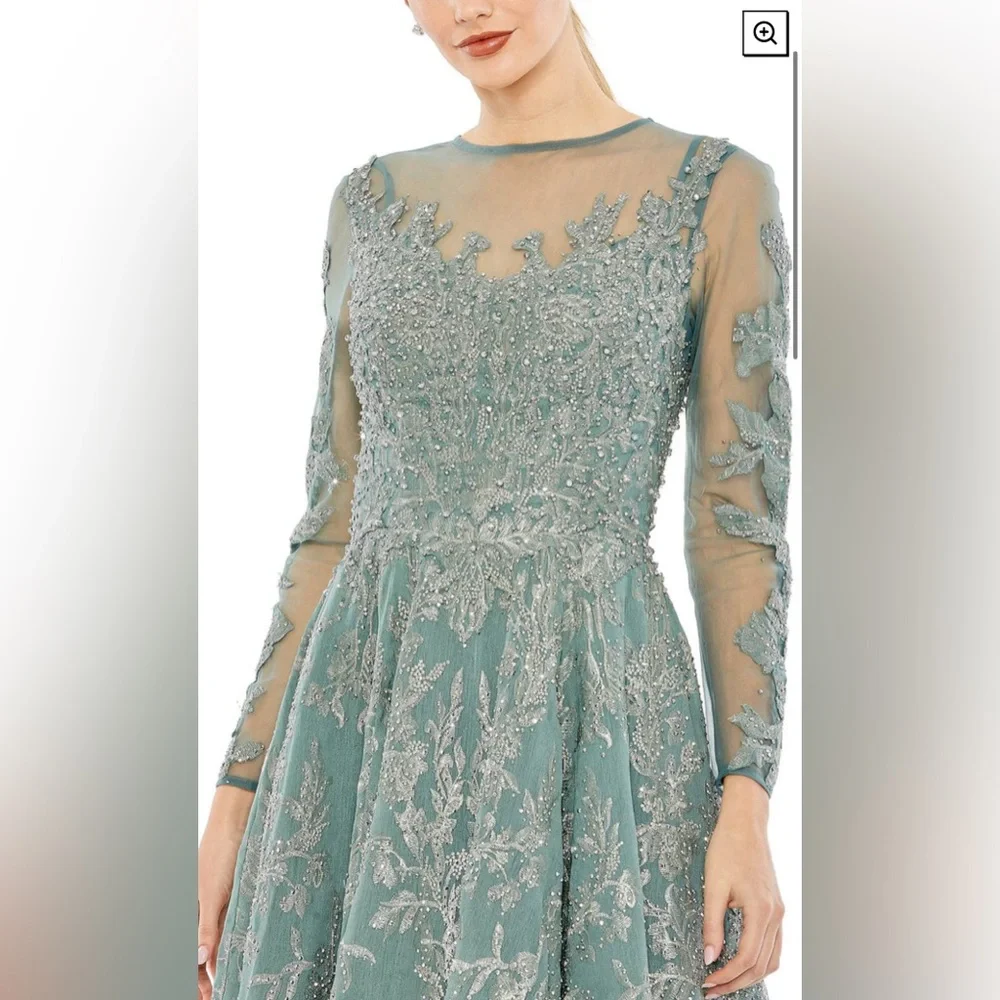Bow belt illusion teal length evening gown - Picture 3 of 10